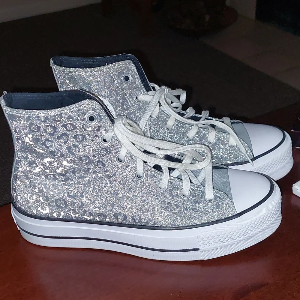 No trades/Likenew womens sparkle animal print Wedge Converse Hightop gym shoes - Picture 4 of 6